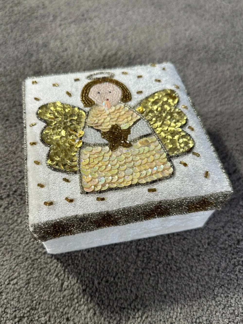 Vintage GAC 1999 Sequin Beaded Angel Star Trinket Jewelry Box Christmas Holiday